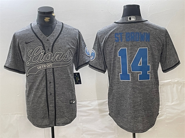 Men's Detroit Lions #14 Amon-Ra St. Brown Grey Cool Base Stitched Baseball Jersey Men's Detroit Lions #14 Amon-Ra St. Brown Grey Cool Base Stitched Baseball Jersey